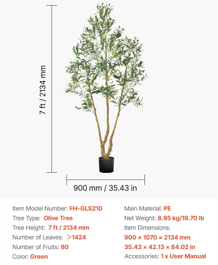 VEVOR 210 cm dirbtinis alyvmedis su vazonu