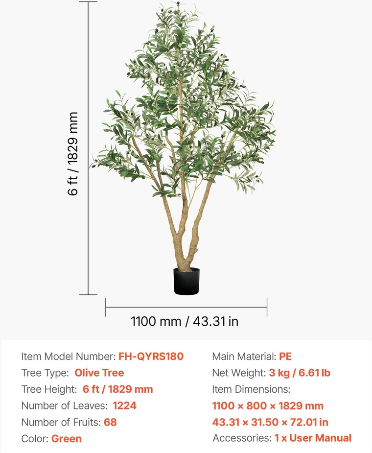 VEVOR dirbtinis 180 cm alyvmedis su puodu