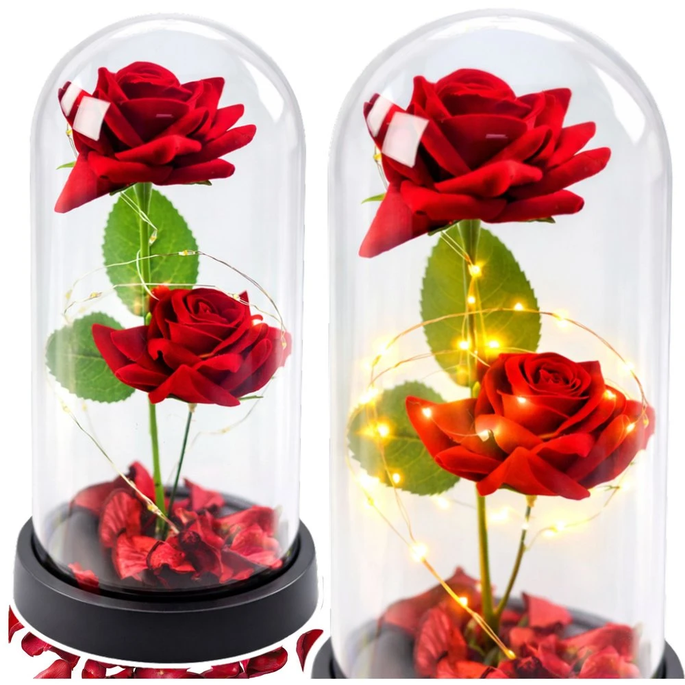 Lean Eternal 2 Roses in Dome with LED apšvietimas and Rose Petals Raudona 21x11cm