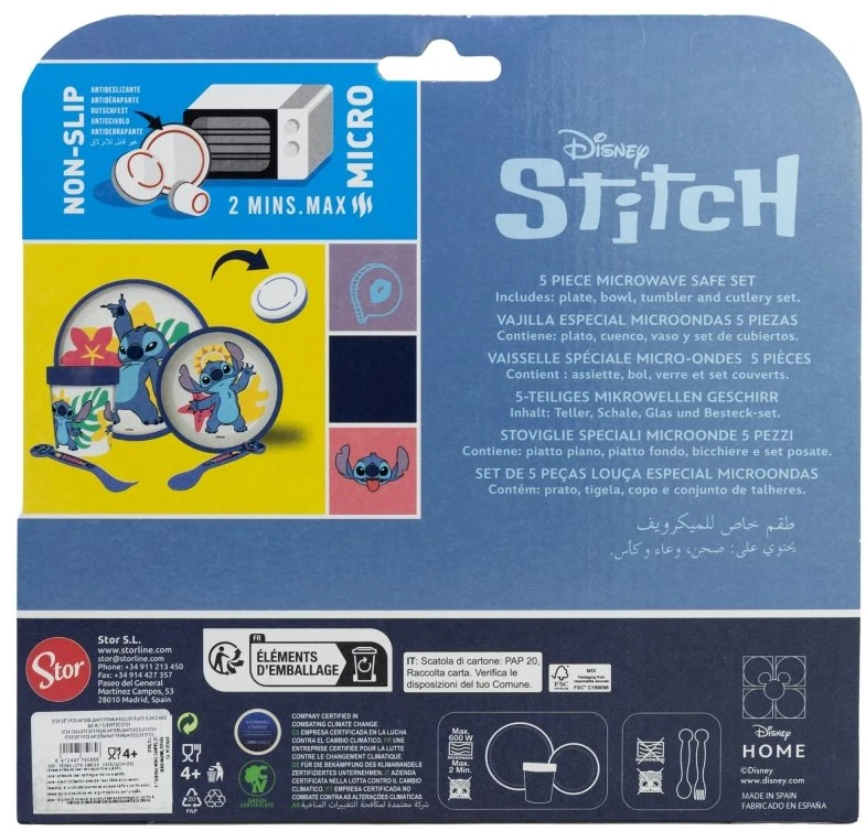 Disney Stitch - Neslystančių indų rinkinys mikrobangų krosnelei, 5 vnt. (lėkštė, dubuo, puodelis, šakutė, arbatinis šaukštelis)