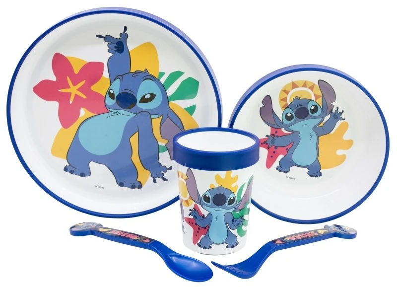 Disney Stitch - Neslystančių indų rinkinys mikrobangų krosnelei, 5 vnt. (lėkštė, dubuo, puodelis, šakutė, arbatinis šaukštelis)