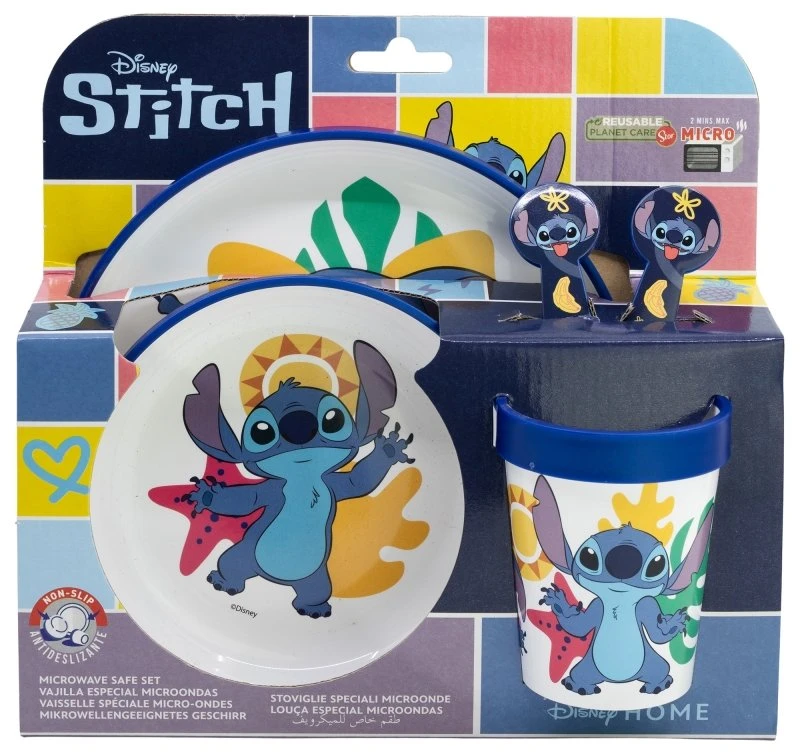 Disney Stitch - Neslystančių indų rinkinys mikrobangų krosnelei, 5 vnt. (lėkštė, dubuo, puodelis, šakutė, arbatinis šaukštelis)