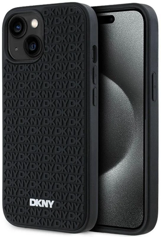 DKNY DKHCP15S3DRPWK Apple iPhone 15 14 13 6.1″ juodos spalvos kietas dėklas 3D Rubber Repeat Pattern