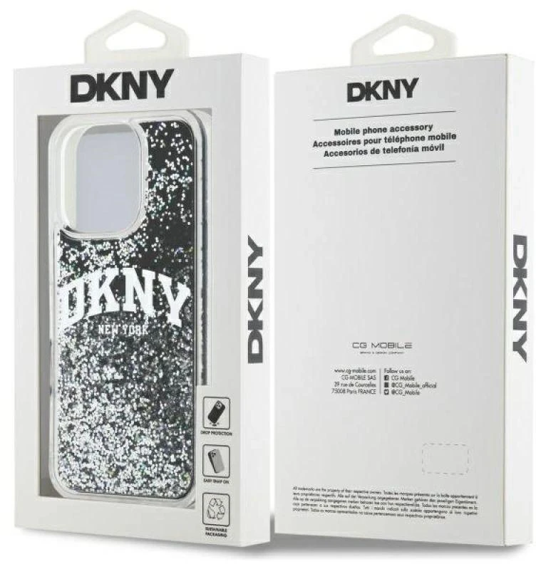 DKNY DKHCP16LLBNAEK Apple iPhone 16 Pro 6.3″ juodos spalvos kietas dėklas Liquid Glitter Arch Logo