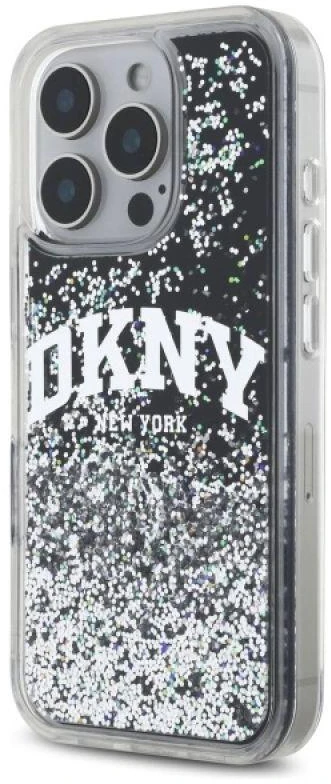 DKNY DKHCP16XLBNAEK Apple iPhone 16 Pro Max 6.9″ juodos spalvos kietas dėklas Liquid Glitter Arch Logo