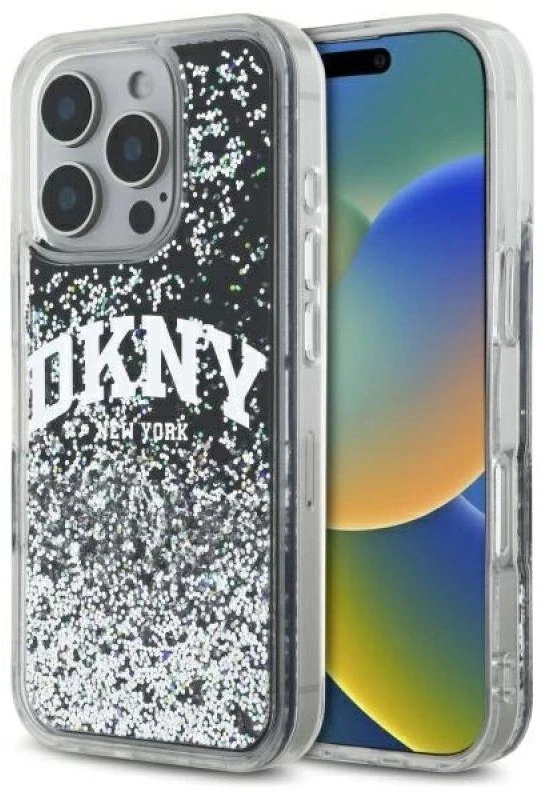DKNY DKHCP16XLBNAEK Apple iPhone 16 Pro Max 6.9″ juodos spalvos kietas dėklas Liquid Glitter Arch Logo
