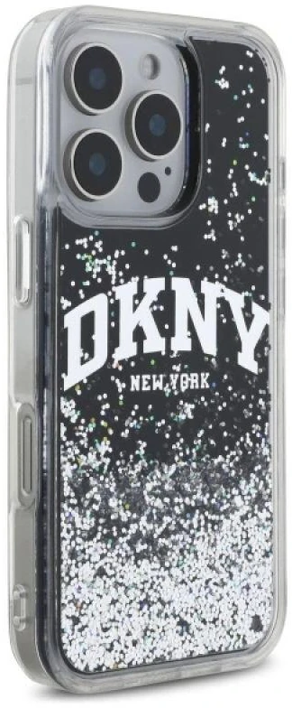 DKNY DKHCP16XLBNAEK Apple iPhone 16 Pro Max 6.9″ juodos spalvos kietas dėklas Liquid Glitter Arch Logo