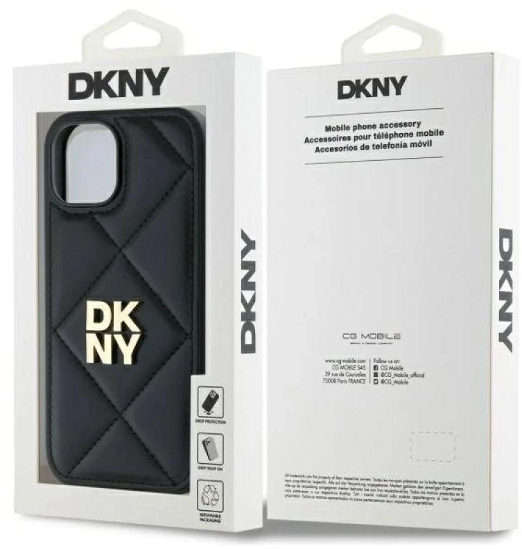 Dėklas DKNY DKHCP15SPQDSLK Apple iPhone 15 6.1″ juodos spalvos Quilted Stack Logo