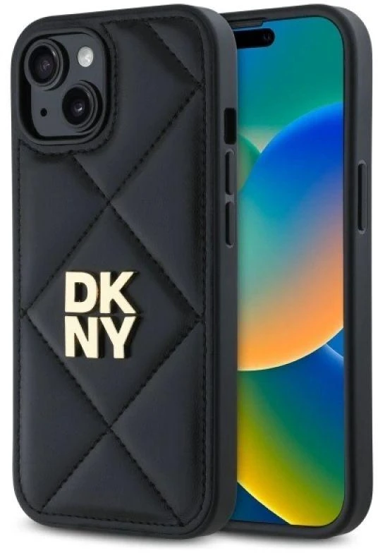 Dėklas DKNY DKHCP15SPQDSLK Apple iPhone 15 6.1″ juodos spalvos Quilted Stack Logo