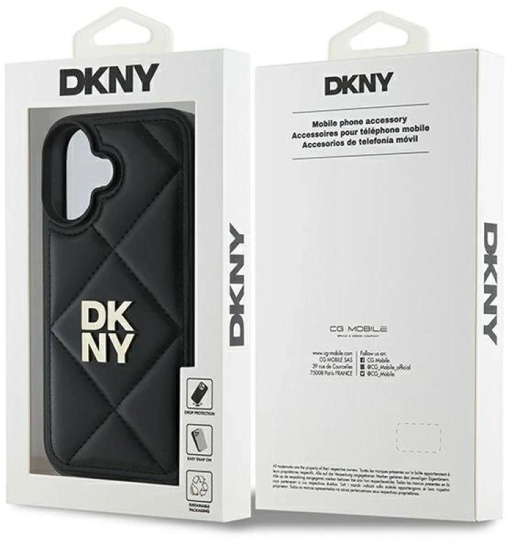 Dėklas DKNY DKHCP16SPQDSLK iPhone 16 6.1″ juodos spalvos Quilted Stack Logo