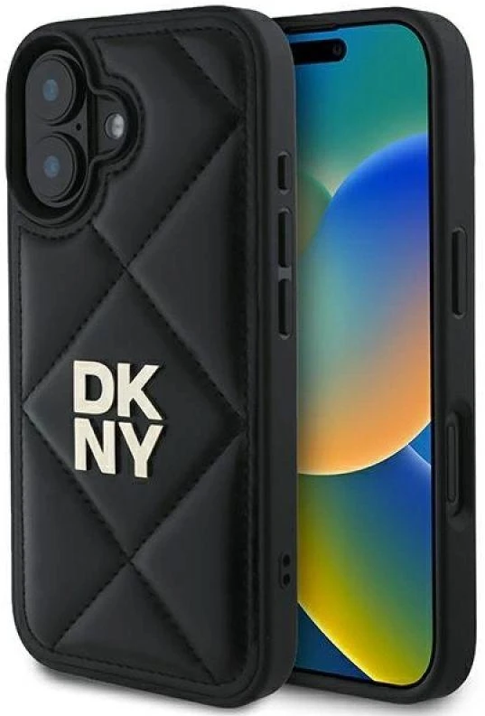 Dėklas DKNY DKHCP16SPQDSLK iPhone 16 6.1″ juodos spalvos Quilted Stack Logo