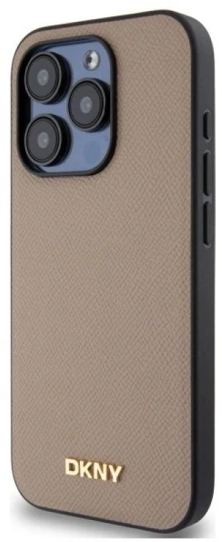 DKNY DKHMP15LPGHLME Apple iPhone 15 Pro 6.1″ beige kietas dėklas Grained Metal Logo MagSafe
