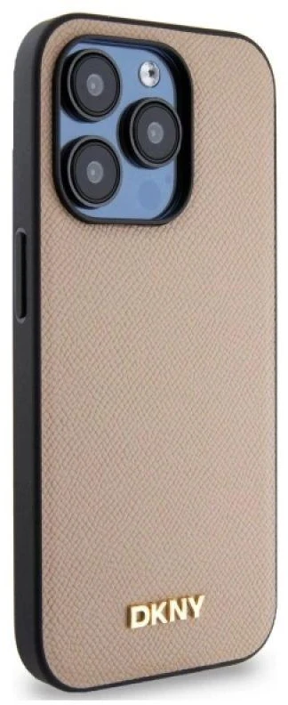 DKNY DKHMP15LPGHLME Apple iPhone 15 Pro 6.1″ beige kietas dėklas Grained Metal Logo MagSafe