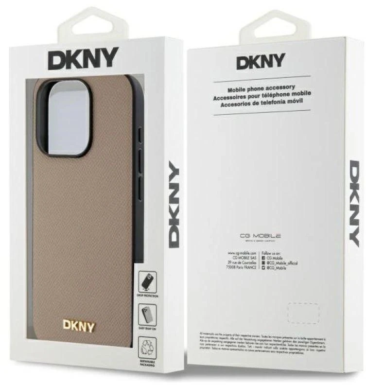 DKNY DKHMP15LPGHLME Apple iPhone 15 Pro 6.1″ beige kietas dėklas Grained Metal Logo MagSafe