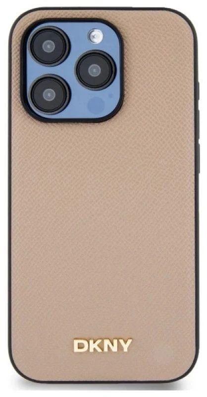 DKNY DKHMP15LPGHLME Apple iPhone 15 Pro 6.1″ beige kietas dėklas Grained Metal Logo MagSafe