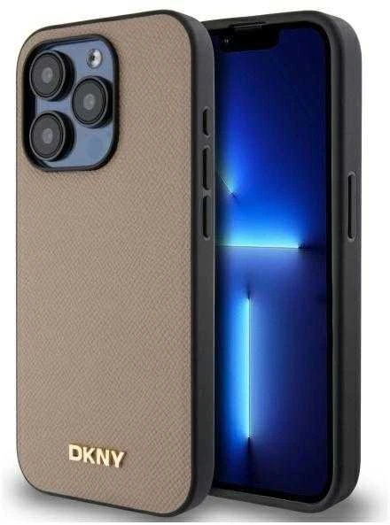 DKNY DKHMP15XPGHLME Apple iPhone 15 Pro Max 6.7″ beige kietas dėklas Grained Metal Logo MagSafe