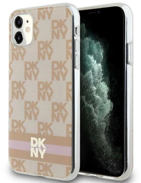 DKNY DKHMN61HCPTSP Apple iPhone 11 Xr 6.1 inch rožinės spalvos kietas dėklas IML Checkered Mono Pattern & Printed Stripe
