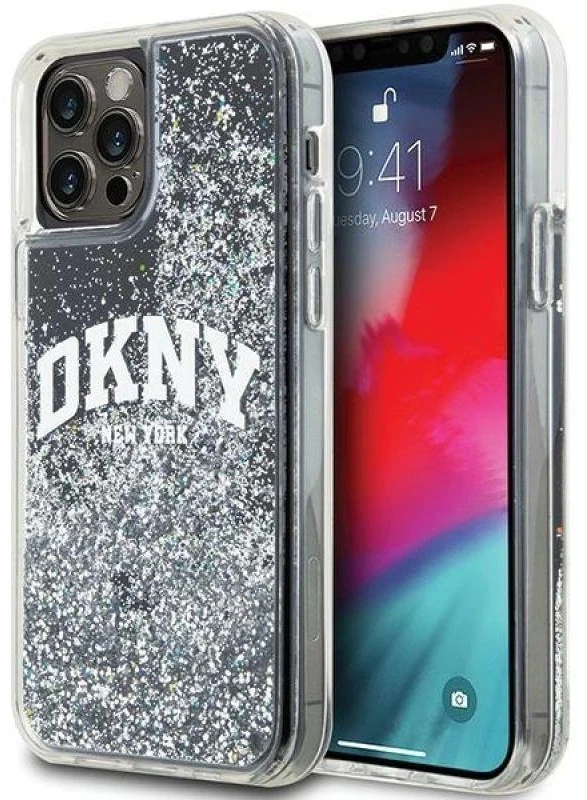 DKNY DKHCP12MLBNAEK Apple iPhone 12 12 Pro 6.1″ juodos spalvos kietas dėklas Liquid Glitter Big Logo