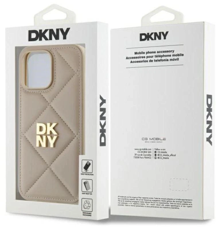 Dėklas DKNY DKHCP14LPQDSLE Apple iPhone 14 Pro 6.1" smėlio spalvos su dygsniuotu logotipu