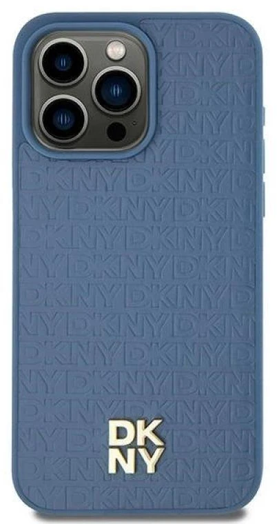 DKNY DKHMP15SPSHRPSB Apple iPhone 15 14 13 6.1 inch mėlynas kietas dėklas Leather Pattern Metal Logo MagSafe
