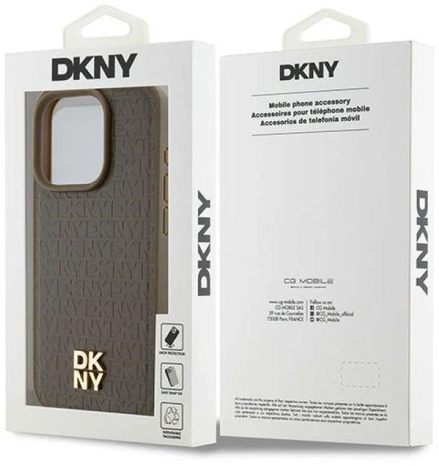 DKNY DKHMP15XPSHRPSW Apple iPhone 15 Pro Max 6.7 inch rudos spalvos kietas dėklas Leather Pattern Metal Logo MagSafe