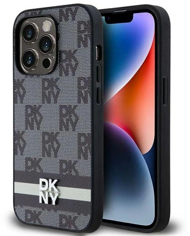 Apple iPhone 14 Pro DKNY odinis dėklas Checkered Mono Pattern & Printed Stripes (DKHCP14LPCPTSSK) juodos spalvos