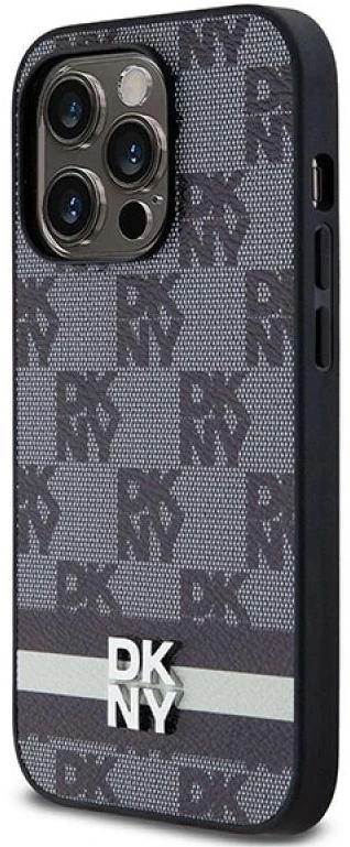 Apple iPhone 14 Pro DKNY odinis dėklas Checkered Mono Pattern & Printed Stripes (DKHCP14LPCPTSSK) juodos spalvos