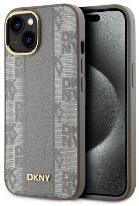 DKNY DKHMP15MPCPVSLE Apple iPhone 15 Plus 6.7″ beige kietas dėklas Leather Checkered Mono Pattern MagSafe