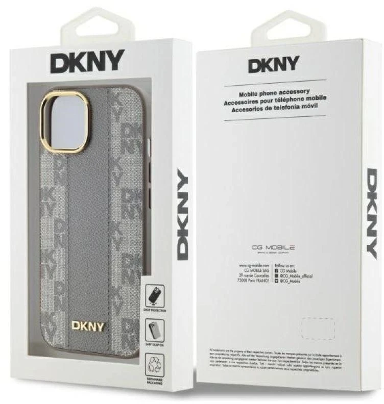 DKNY DKHMP15MPCPVSLE Apple iPhone 15 Plus 6.7″ beige kietas dėklas Leather Checkered Mono Pattern MagSafe