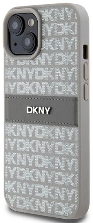 DKNY DKHCP15MPRTHSLE Apple iPhone 15 Plus 14 Plus 6.7 inch beige kietas dėklas Leather Mono Stripe & Metal Lo