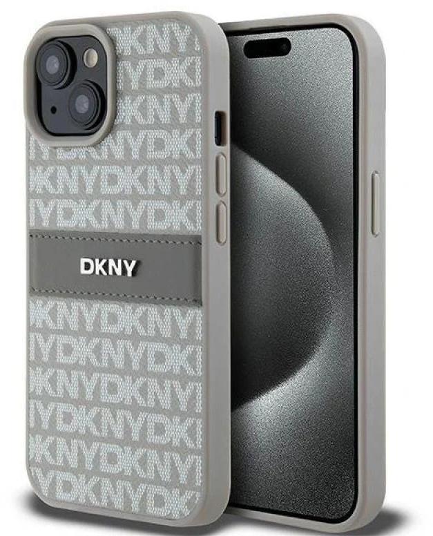DKNY DKHCP15MPRTHSLE Apple iPhone 15 Plus 14 Plus 6.7 inch beige kietas dėklas Leather Mono Stripe & Metal Lo