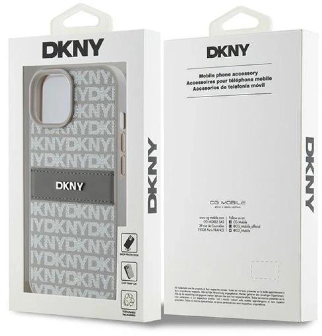 DKNY DKHCP15MPRTHSLE Apple iPhone 15 Plus 14 Plus 6.7 inch beige kietas dėklas Leather Mono Stripe & Metal Lo