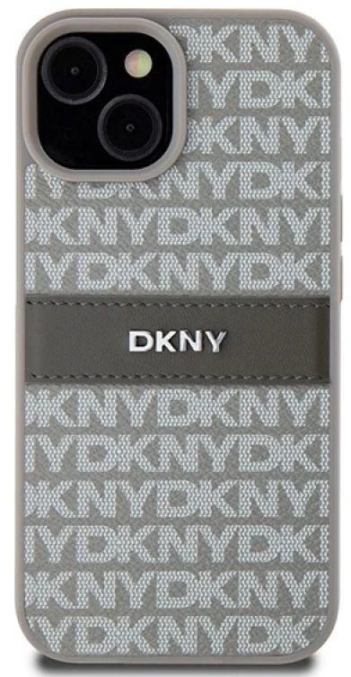 DKNY DKHCP15MPRTHSLE Apple iPhone 15 Plus 14 Plus 6.7 inch beige kietas dėklas Leather Mono Stripe & Metal Lo