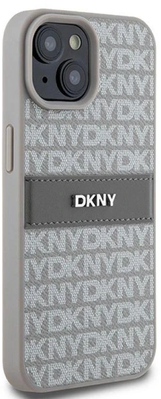 Apple iPhone 13 / 14 / 15 DKNY odinis dėklas Mono Stripe & Metal Logo (DKHCP15SPRTHSLE) beige
