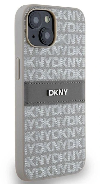 Apple iPhone 13 / 14 / 15 DKNY odinis dėklas Mono Stripe & Metal Logo (DKHCP14SPRTHSLE) beige