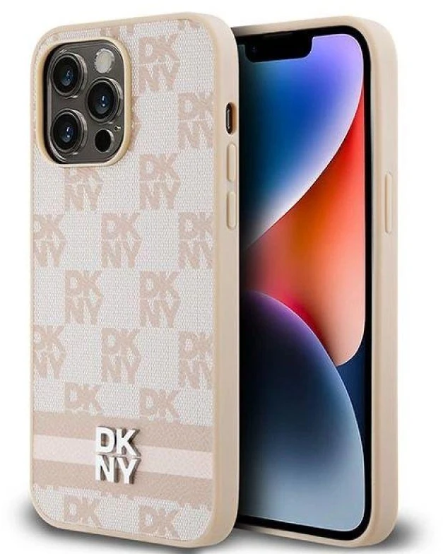 Apple iPhone 14 Pro Max DKNY odinis dėklas Checkered Mono Pattern & Printed Stripes (DKHCP14XPCPTSSP) rožinės spalvos
