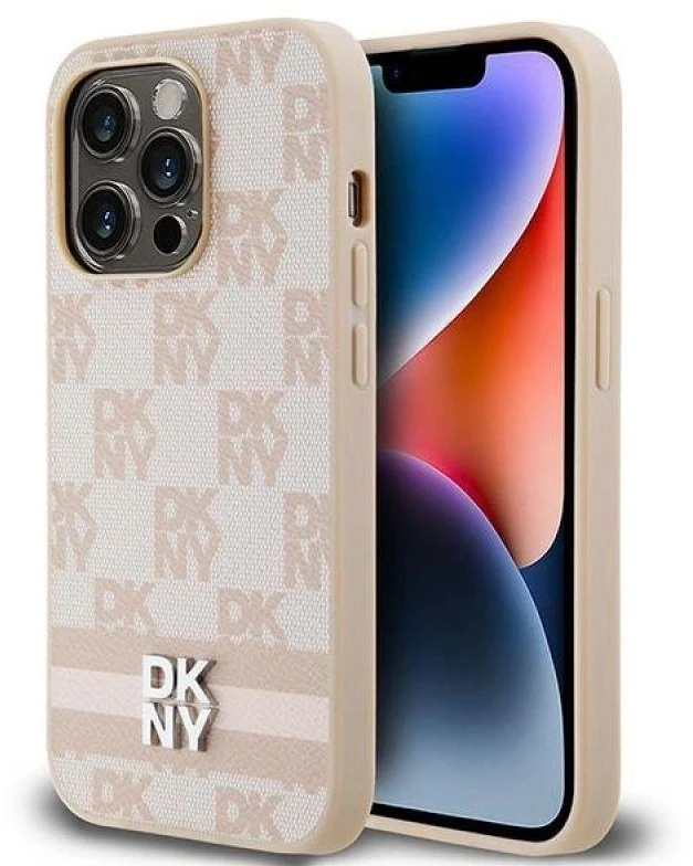 Apple iPhone 14 Pro DKNY odinis dėklas Checkered Mono Pattern & Printed Stripes (DKHCP14LPCPTSSP) rožinės spalvos