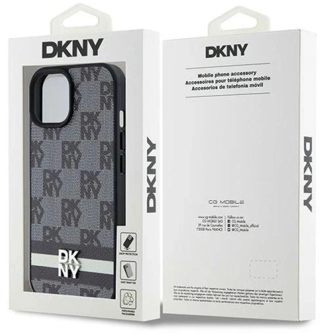 DKNY DKHCP15MPCPTSSK Apple iPhone 15 Plus 14 Plus 6.7 inch juodos spalvos kietas dėklas Leather Checkered Mono Pattern