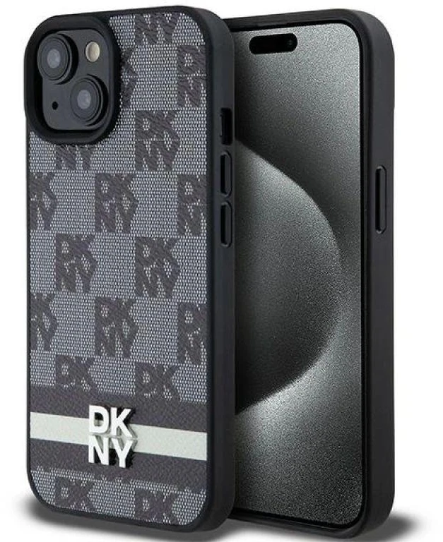 DKNY DKHCP15MPCPTSSK Apple iPhone 15 Plus 14 Plus 6.7 inch juodos spalvos kietas dėklas Leather Checkered Mono Pattern