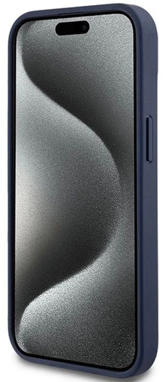 DKNY DKHCP15SPRTHSLB Apple iPhone 15 14 13 6.1 inch mėlynas kietas dėklas Leather Mono Stripe & Metal Logo