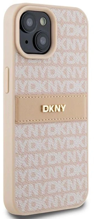 DKNY DKHCP15MPRTHSLP Apple iPhone 15 Plus 14 Plus 6.7 inch rožinės spalvos kietas dėklas Leather Mono Stripe & Metal Log