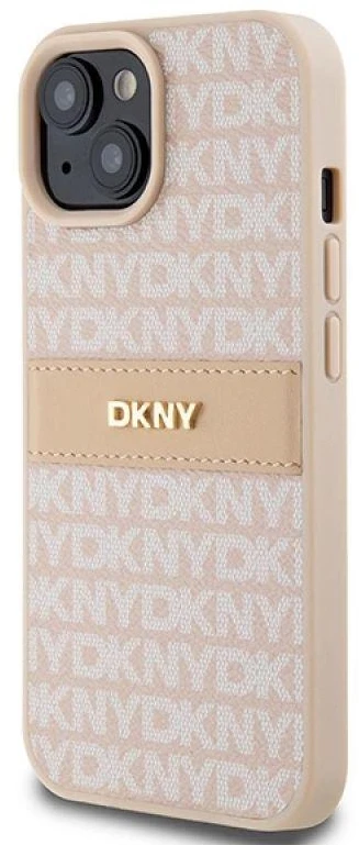 DKNY DKHCP15MPRTHSLP Apple iPhone 15 Plus 14 Plus 6.7 inch rožinės spalvos kietas dėklas Leather Mono Stripe & Metal Log