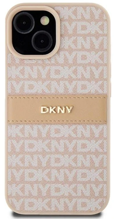 DKNY DKHCP15MPRTHSLP Apple iPhone 15 Plus 14 Plus 6.7 inch rožinės spalvos kietas dėklas Leather Mono Stripe & Metal Log