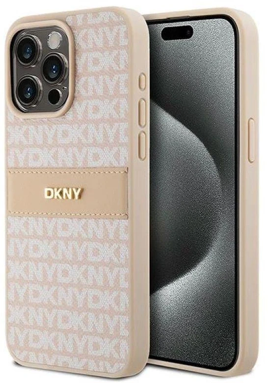 Apple iPhone 15 Pro Max DKNY odinis dėklas Mono Stripe & Metal Logo (DKHCP15XPRTHSLP) rožinės spalvos