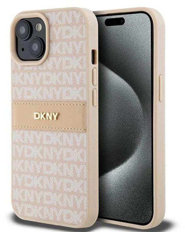 DKNY DKHCP15MPRTHSLP Apple iPhone 15 Plus 14 Plus 6.7 inch rožinės spalvos kietas dėklas Leather Mono Stripe & Metal Log