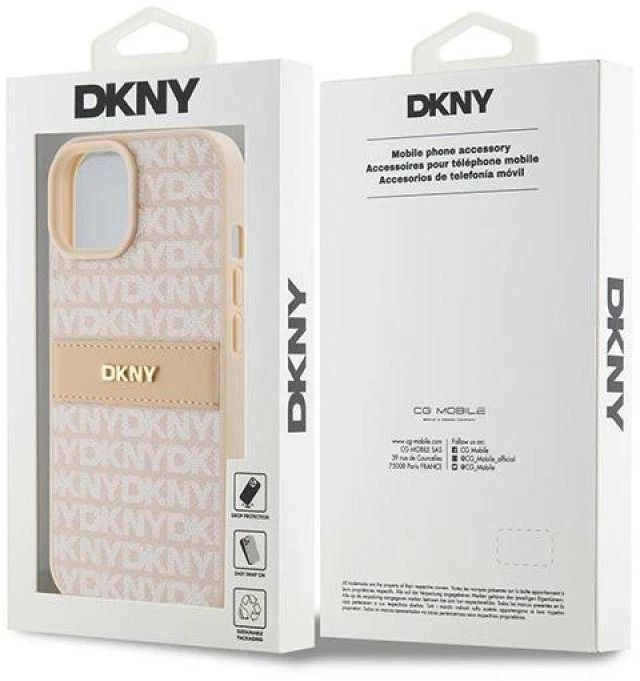 DKNY DKHCP15MPRTHSLP Apple iPhone 15 Plus 14 Plus 6.7 inch rožinės spalvos kietas dėklas Leather Mono Stripe & Metal Log