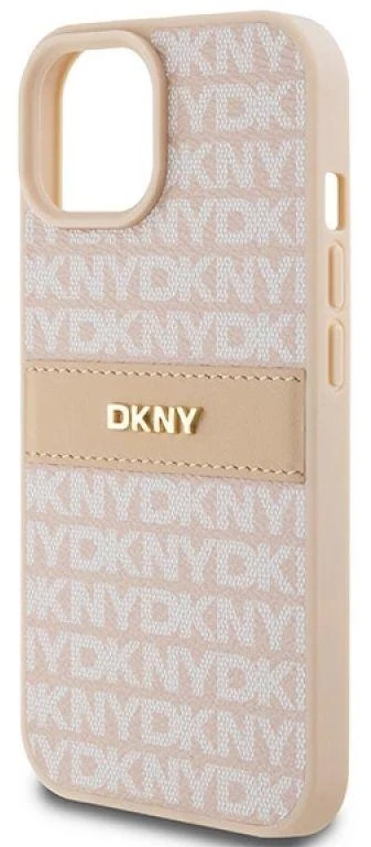 DKNY DKHCP15MPRTHSLP Apple iPhone 15 Plus 14 Plus 6.7 inch rožinės spalvos kietas dėklas Leather Mono Stripe & Metal Log