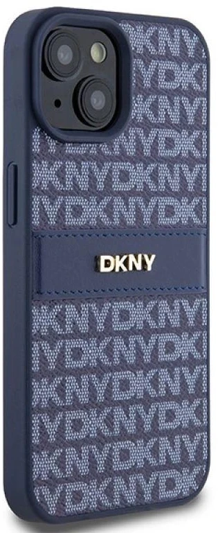 DKNY DKHCP15SPRTHSLB Apple iPhone 15 14 13 6.1 inch mėlynas kietas dėklas Leather Mono Stripe & Metal Logo