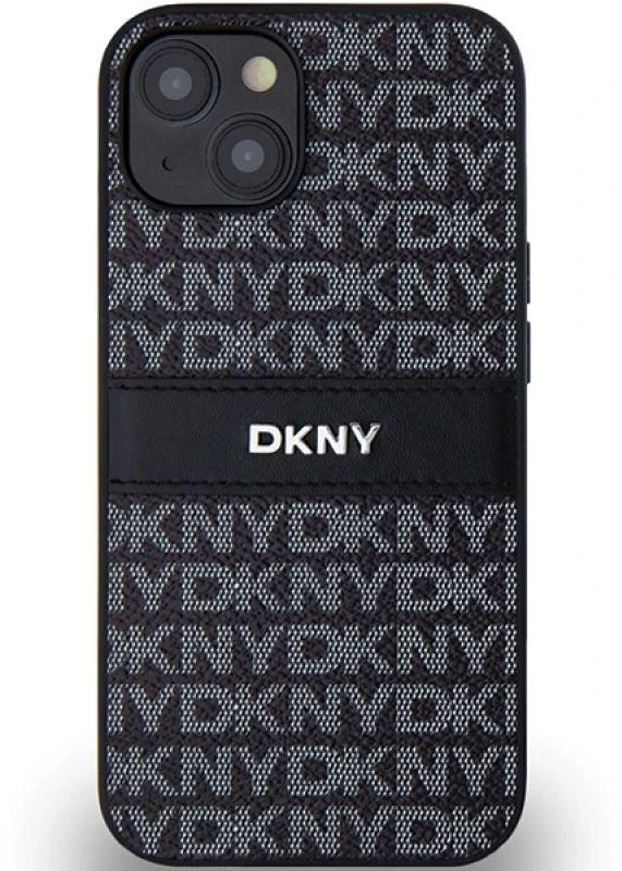 DKNY DKHCP15MPRTHSLK Apple iPhone 15 Plus 14 Plus 6.7″ juodos spalvos kietas dėklas Leather Mono Stripe & Metal Logo