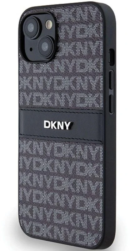 DKNY DKHCP15MPRTHSLK Apple iPhone 15 Plus 14 Plus 6.7″ juodos spalvos kietas dėklas Leather Mono Stripe & Metal Logo